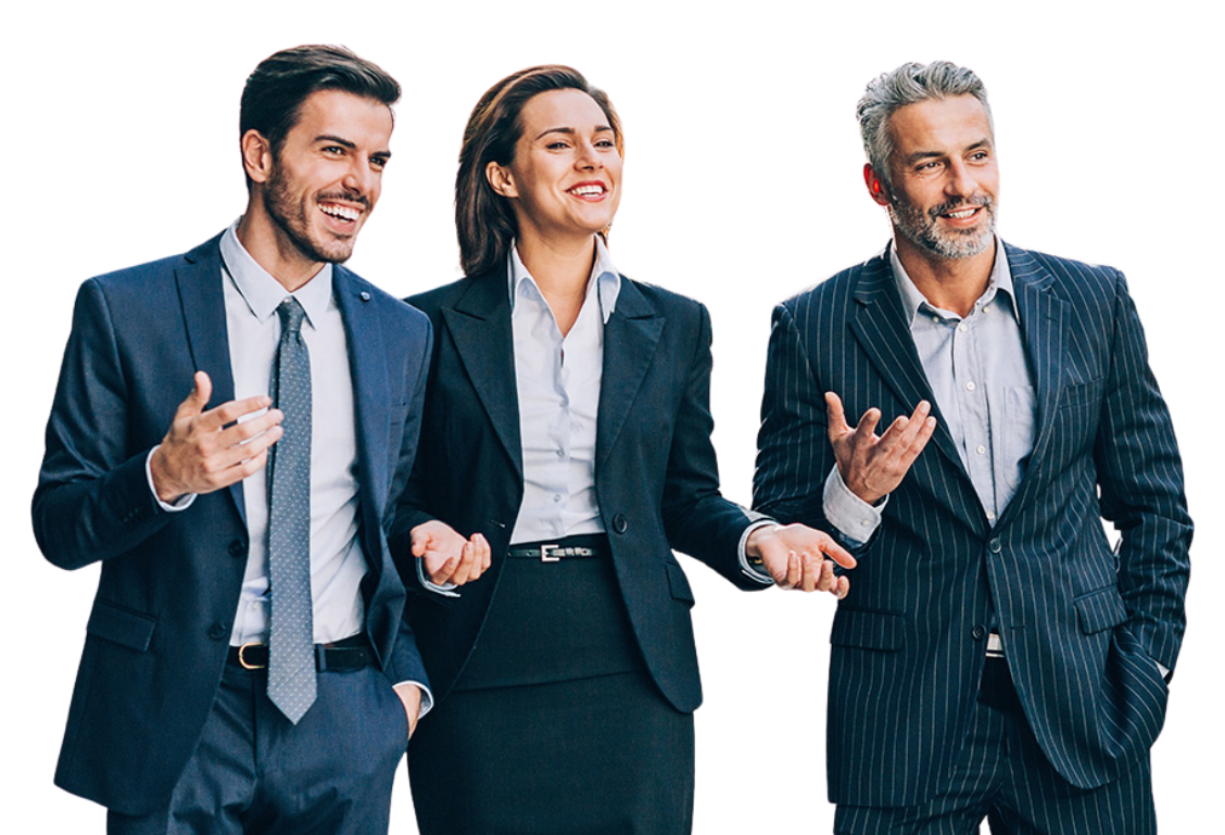 Three business people smiling and talking together